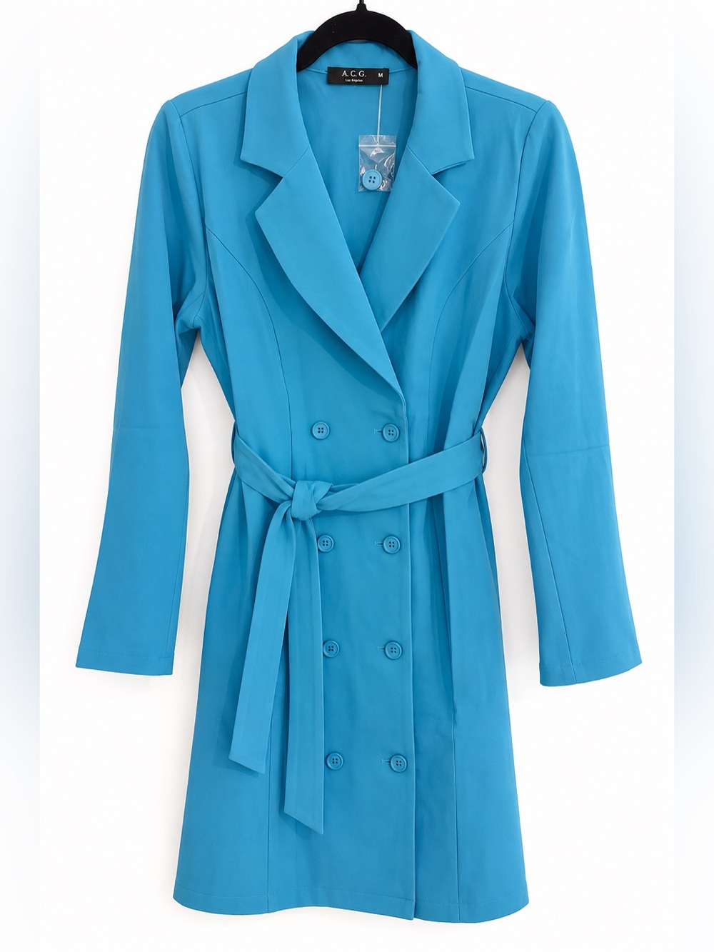 A.C.G. Los Angeles Blue Double Breasted Belted Long Blazer Coat M NWOT